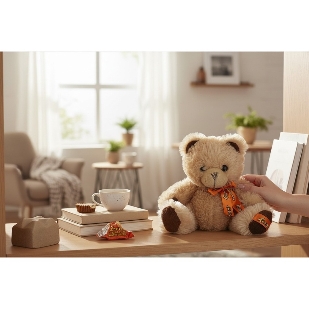 Reese's Plush Teddy Bear Kids 9" Tan Very Good Branded Ribbon Paw Accents